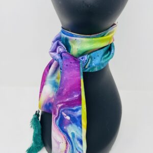 Mulit-color fabric wrapped around a mannequin neck